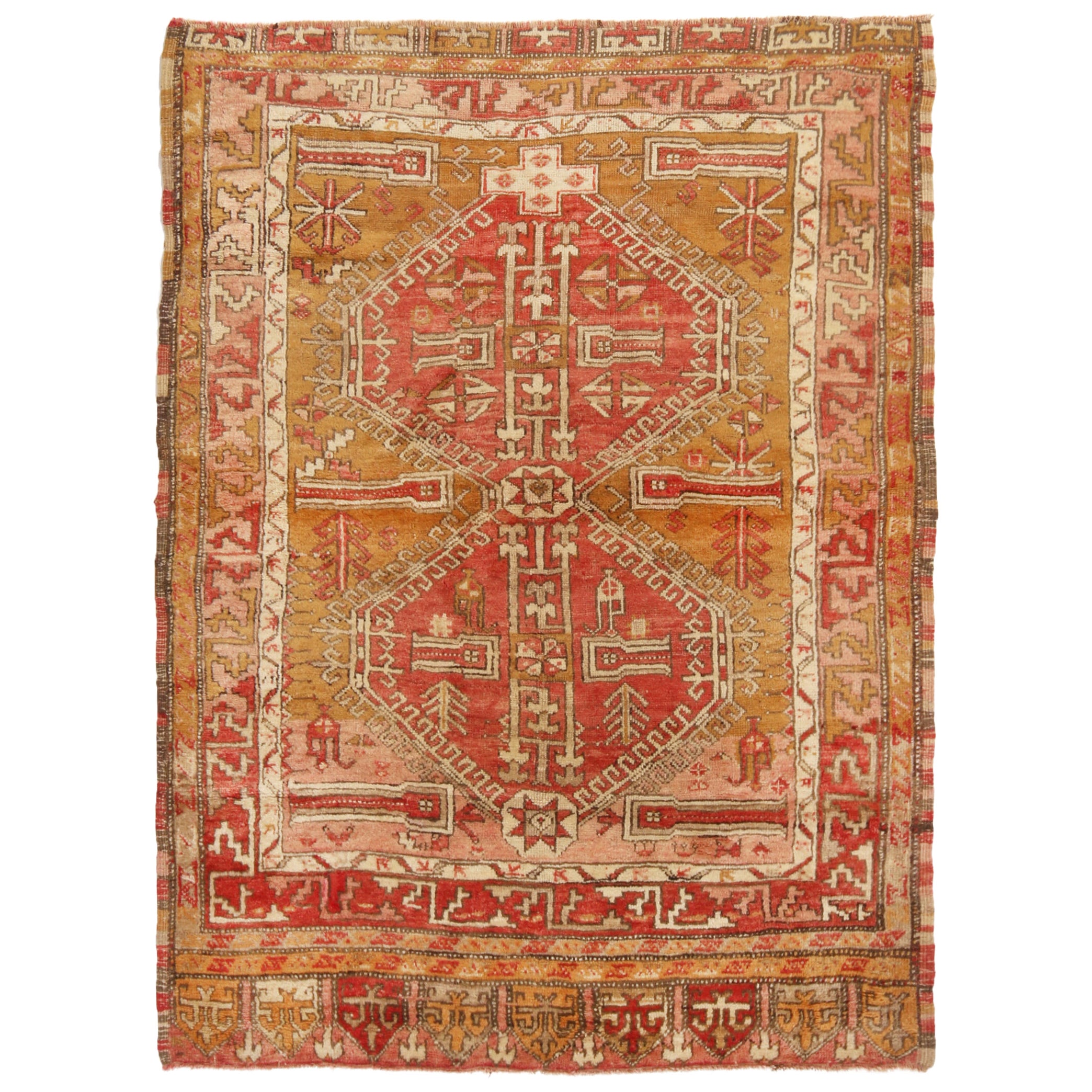 Tapis traditionnel ancien en laine rouge et or Oushak de Rug & Kilim