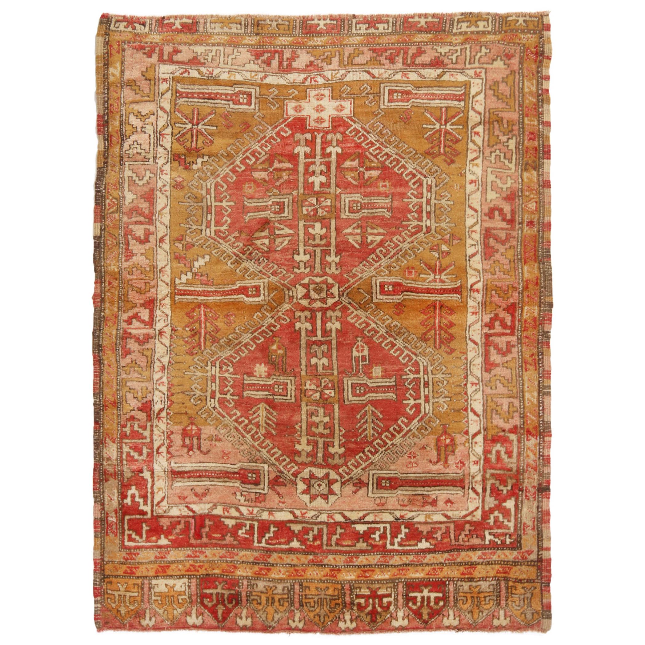 Antique Oushak Traditional Red and Gold Wool Rug For Sale at 1stDibs
