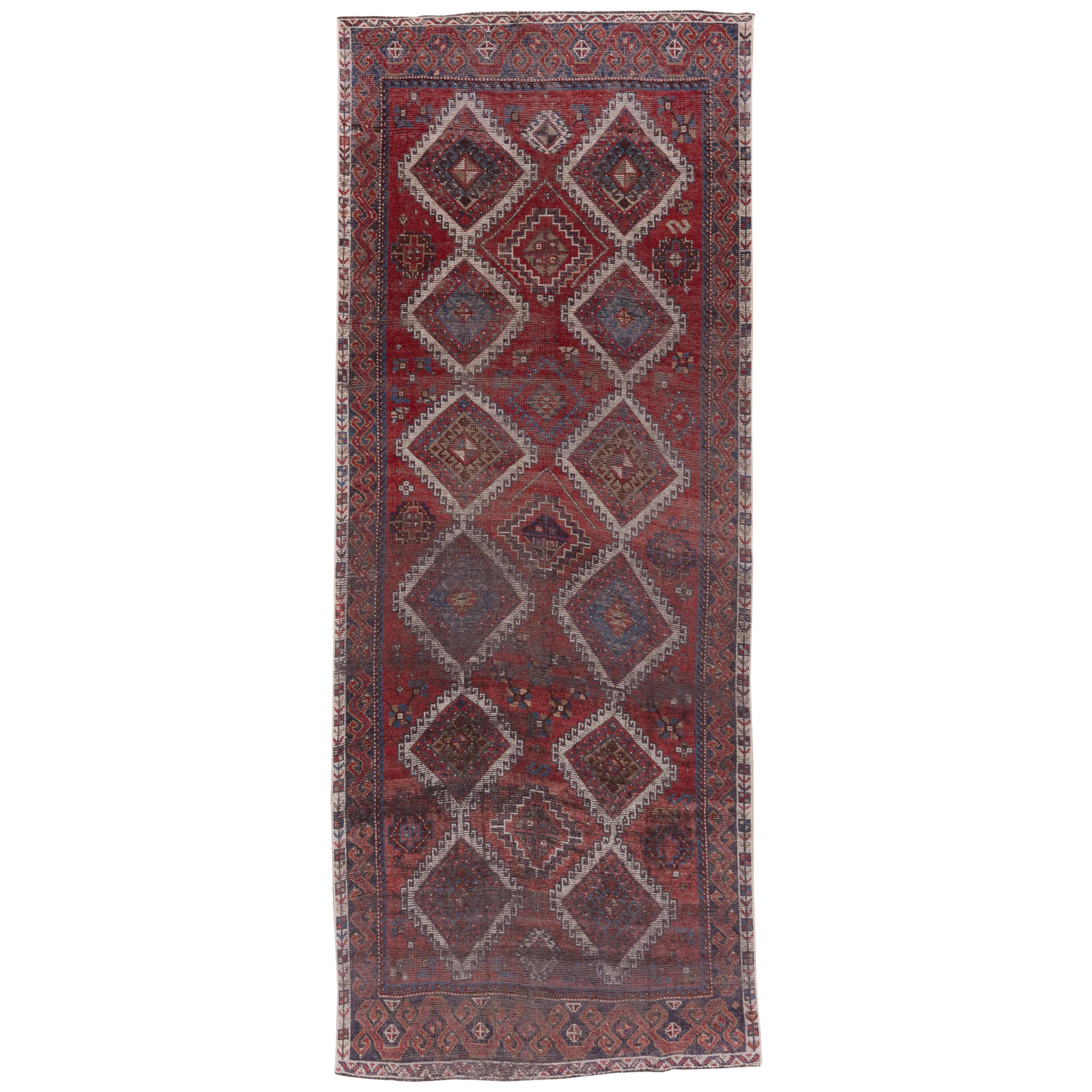 Antique Oushak Wide Runner, Shiny Red All-Over Diamond Field, Lightly Distressed For Sale