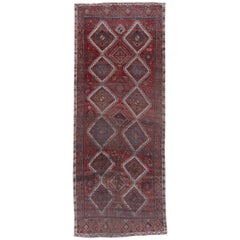 Vintage Oushak Wide Runner, Shiny Red All-Over Diamond Field, Lightly Distressed