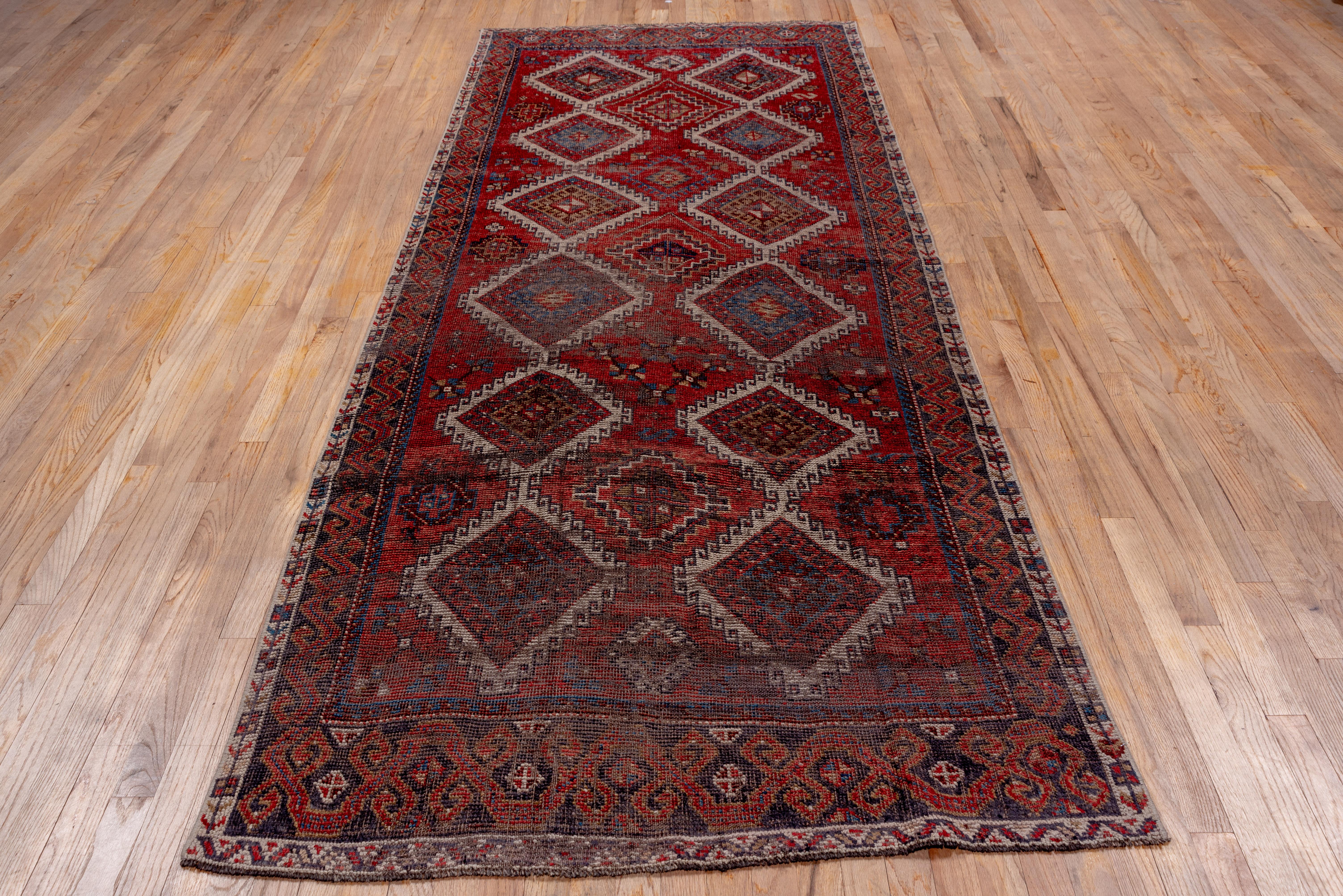 Antique Oushak Wide Runner, Shiny Red All-Over Diamond Field, Lightly Distressed In Good Condition For Sale In New York, NY