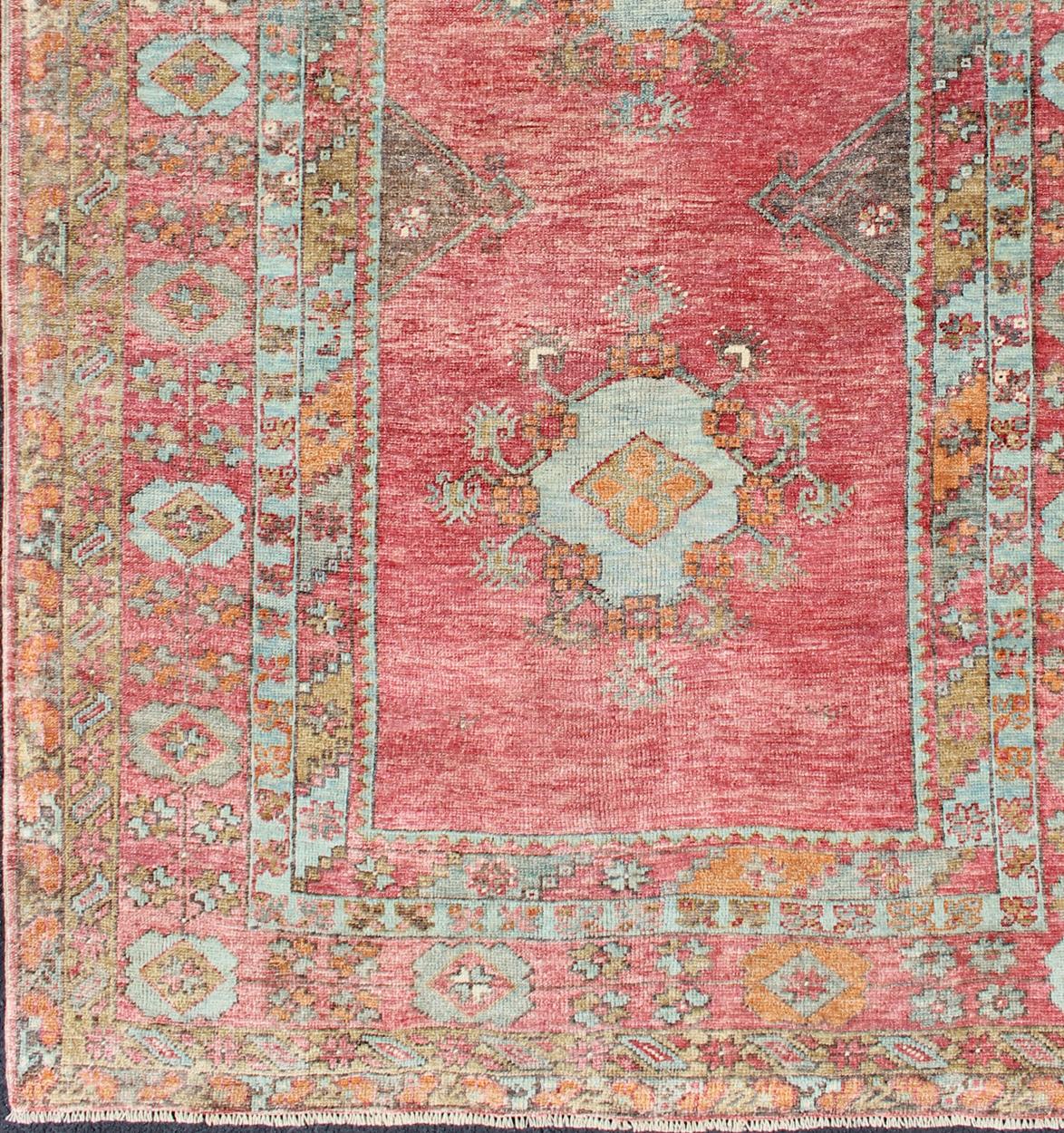 Turkish Antique Oushak with Coral Pink, Orange, Gray, Taupe Light Brown & Light Blue  For Sale