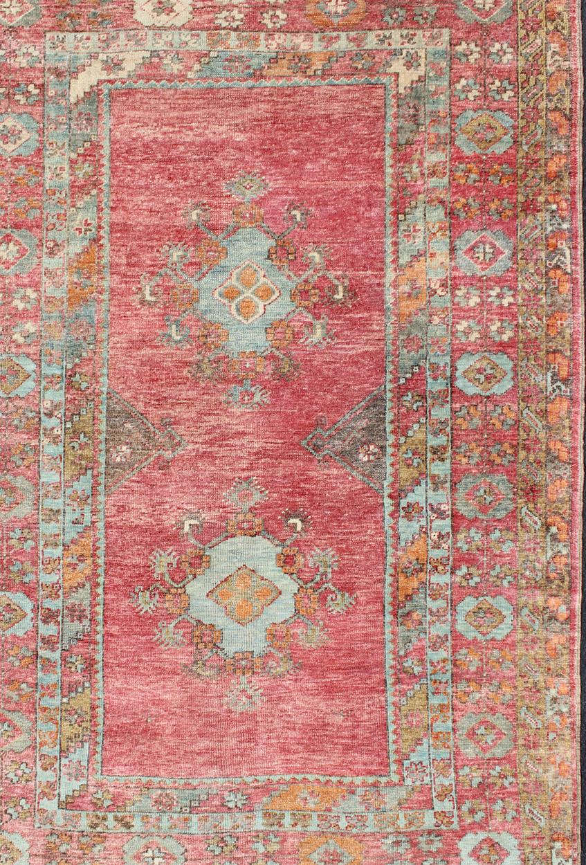 Hand-Knotted Antique Oushak with Coral Pink, Orange, Gray, Taupe Light Brown & Light Blue  For Sale