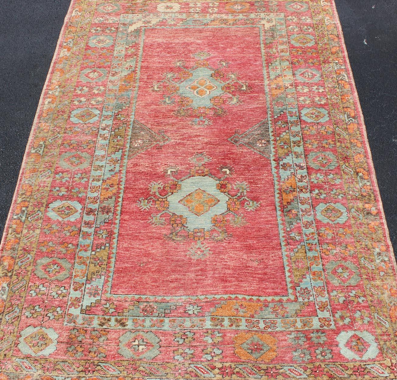 Wool Antique Oushak with Coral Pink, Orange, Gray, Taupe Light Brown & Light Blue  For Sale