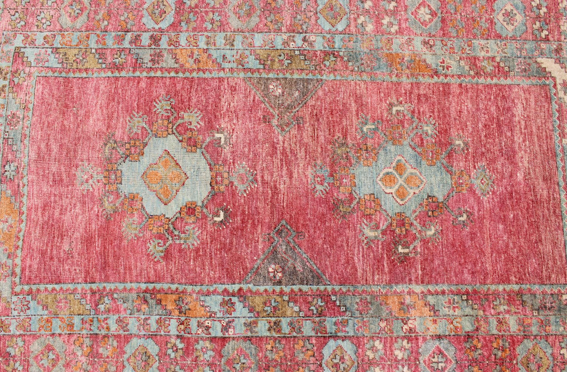 Antique Oushak with Coral Pink, Orange, Gray, Taupe Light Brown & Light Blue  For Sale 2