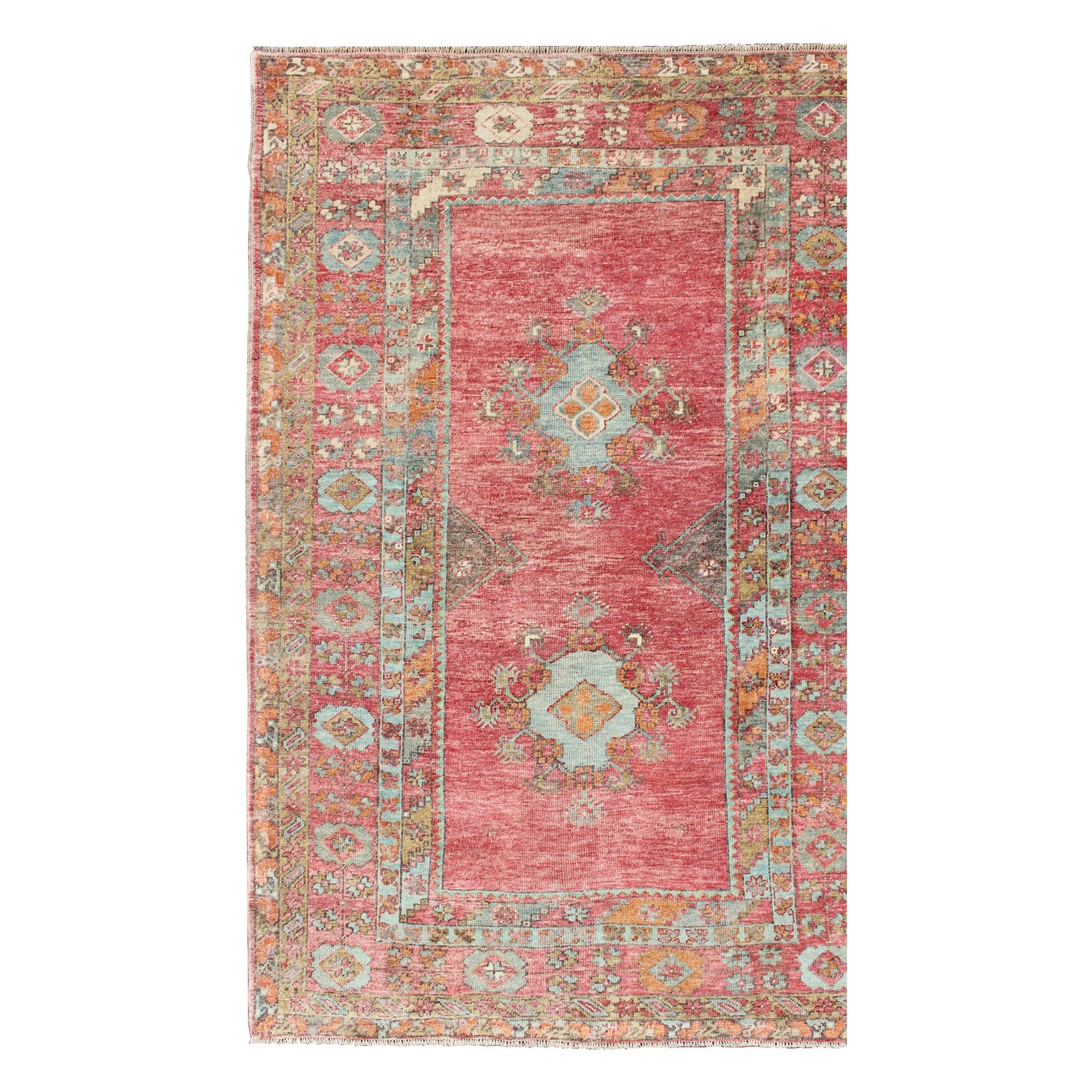 Antique Oushak with Coral Pink, Orange, Gray, Taupe Light Brown & Light Blue  For Sale