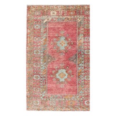Antique Oushak with Coral Pink, Orange, Gray, Taupe Light Brown & Light Blue 