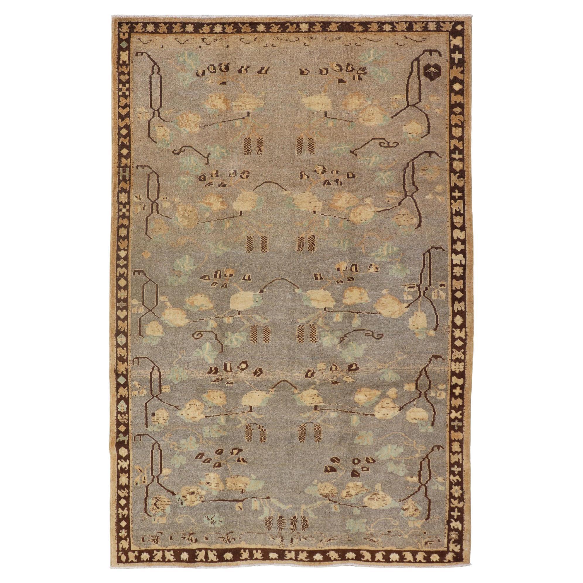 Antique Oushak with Leaves, Branches, Flowers in Taupe, Brown, L. Green  & Gray