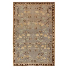 Antique Oushak avec feuilles, branches, fleurs en taupe, marron, vert  & Gris 