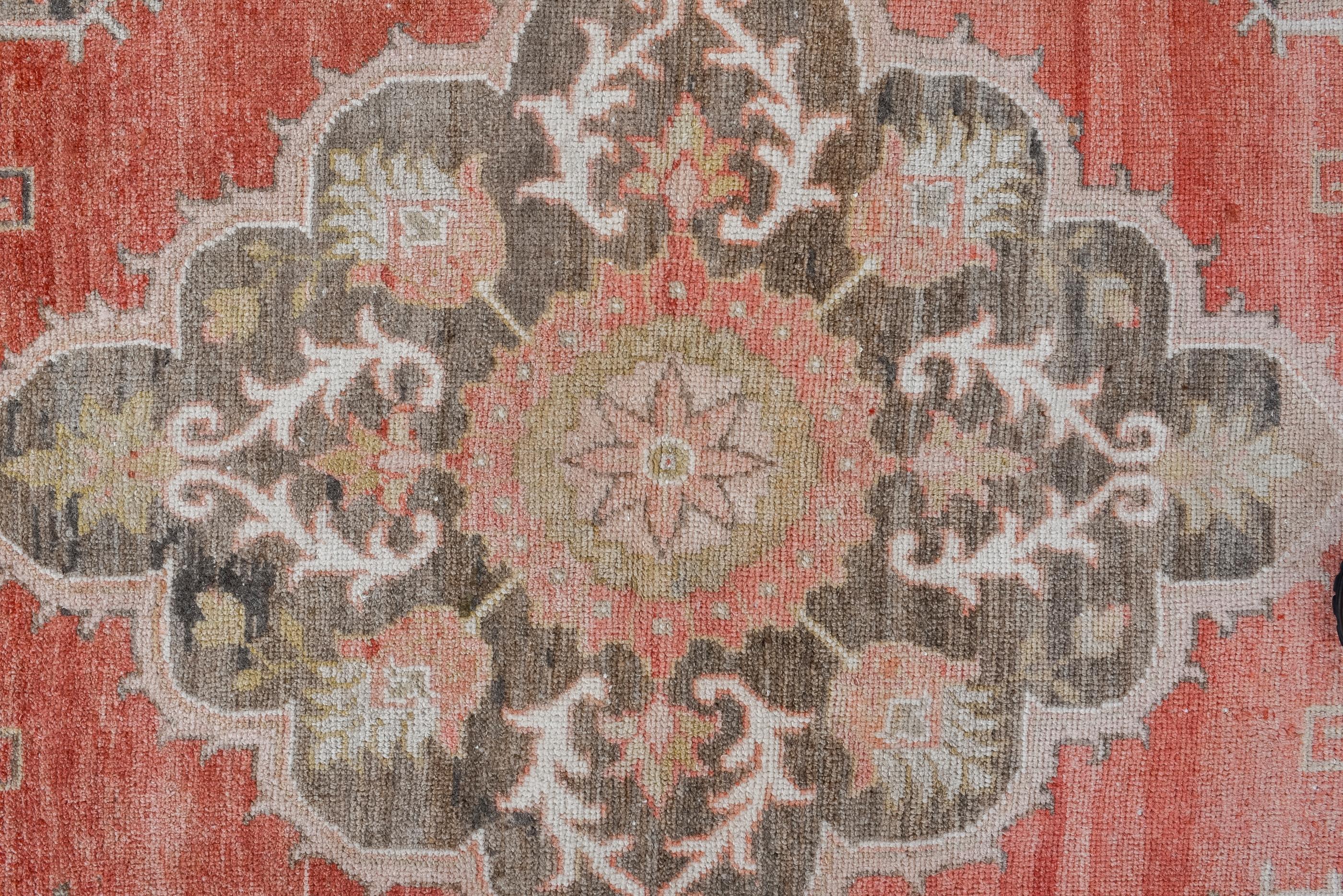 Hand-Knotted Antique Oushak with Red Field and Center Medallion  For Sale