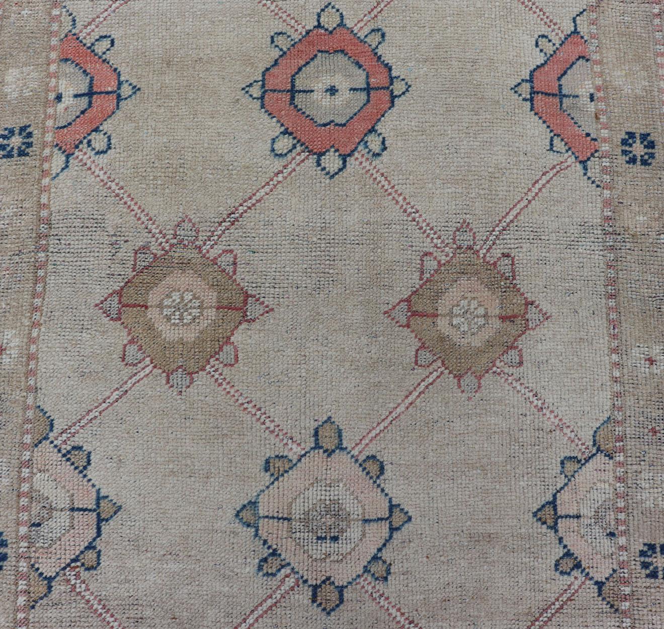 Antique Oushak with Sub-Geometric Design in Tan, Cream, Caramel, Pink & Blue  3