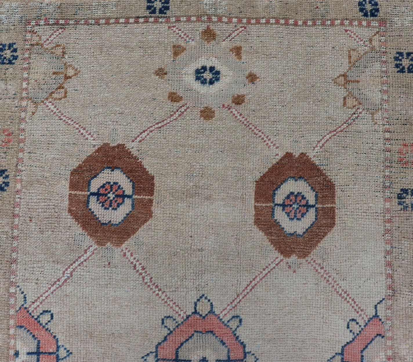 Antique Oushak with Sub-Geometric Design in Tan, Cream, Caramel, Pink & Blue  4