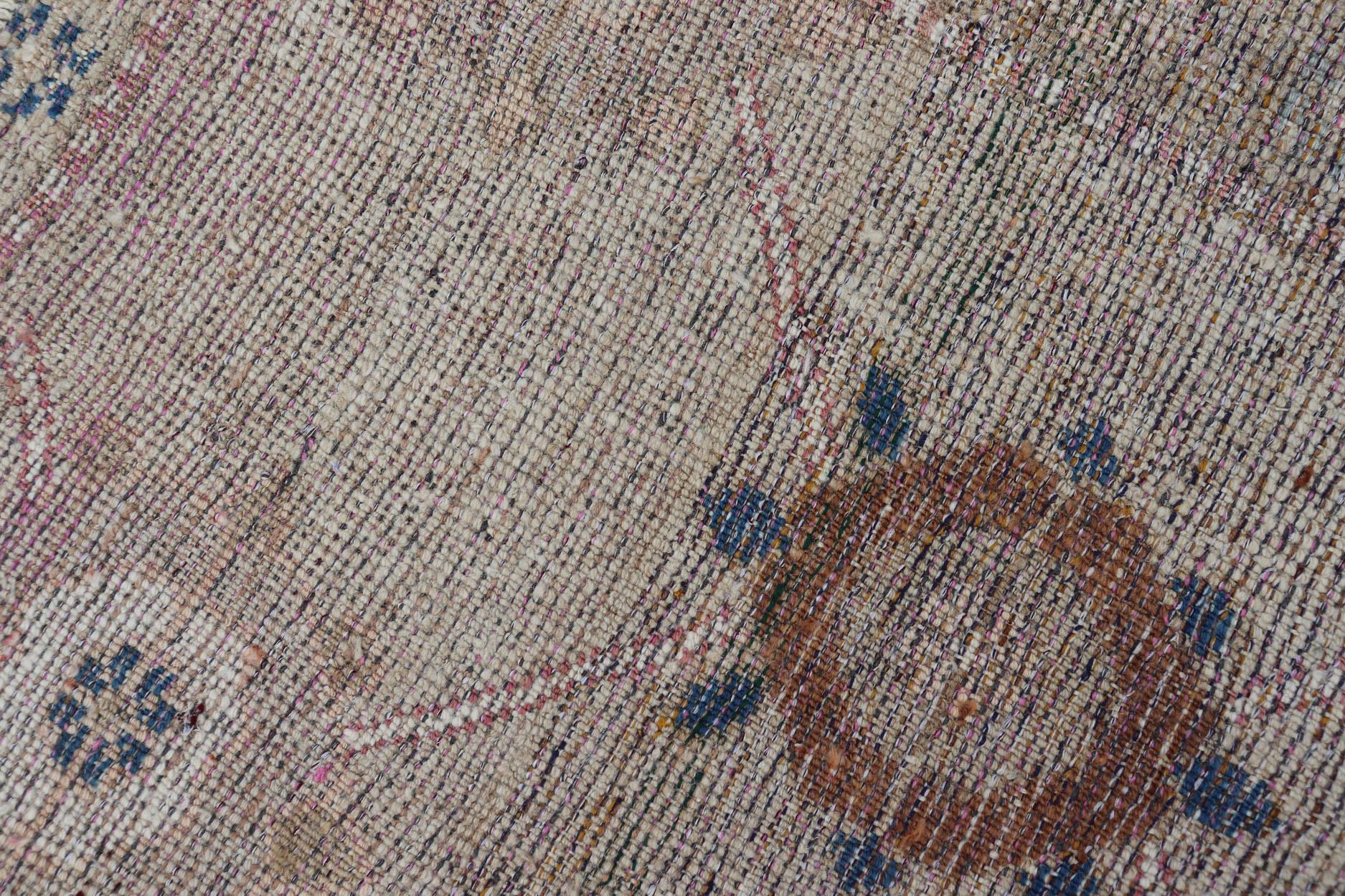 Wool Antique Oushak with Sub-Geometric Design in Tan, Cream, Caramel, Pink & Blue 