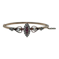 Antique Outstanding Ruby & Diamond Marquise Heart Yellow Gold Bangle Bracelet
