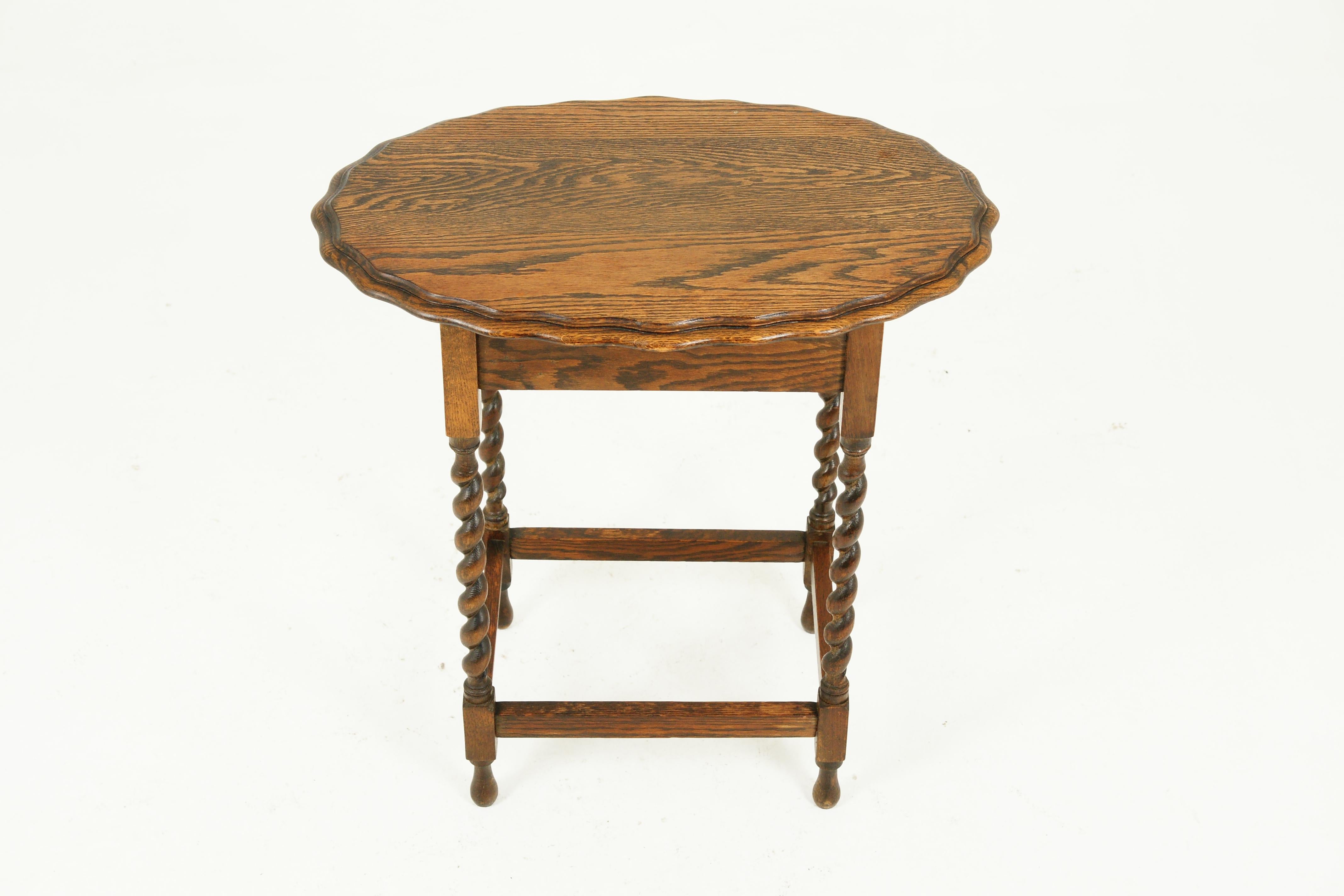 Antique oval barley twist table, lamp table, Scotland 1930, B2419

Scotland 1930
Solid oak
Original finish
Oval top with pie beveled edge
All standing on four barley twist legs
Connected by stretchers
Nice quality and in good condition
All