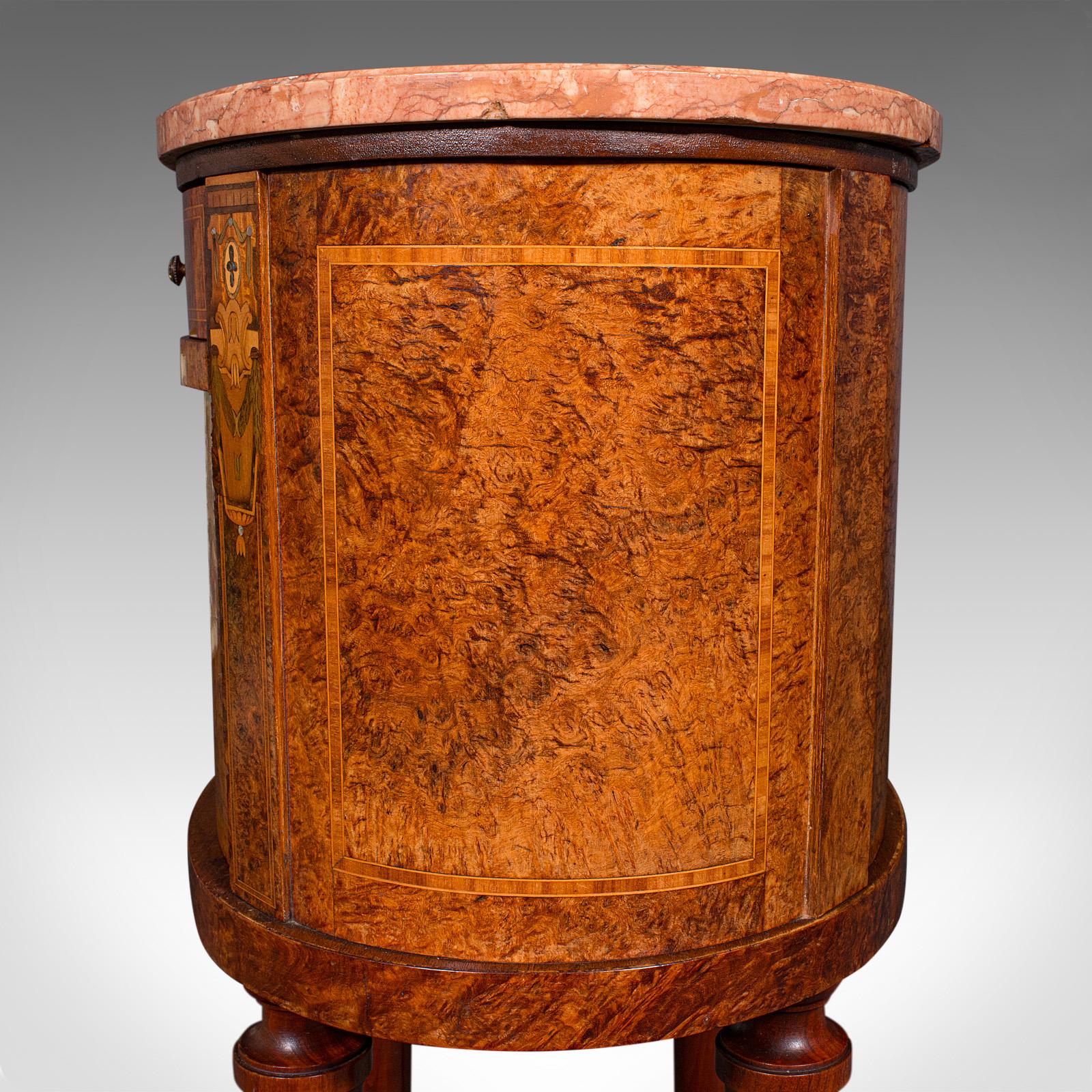 Antique Oval Bedside Cabinet, French, Amboyna, Marble, Bathroom, Victorian, 1870 For Sale 6