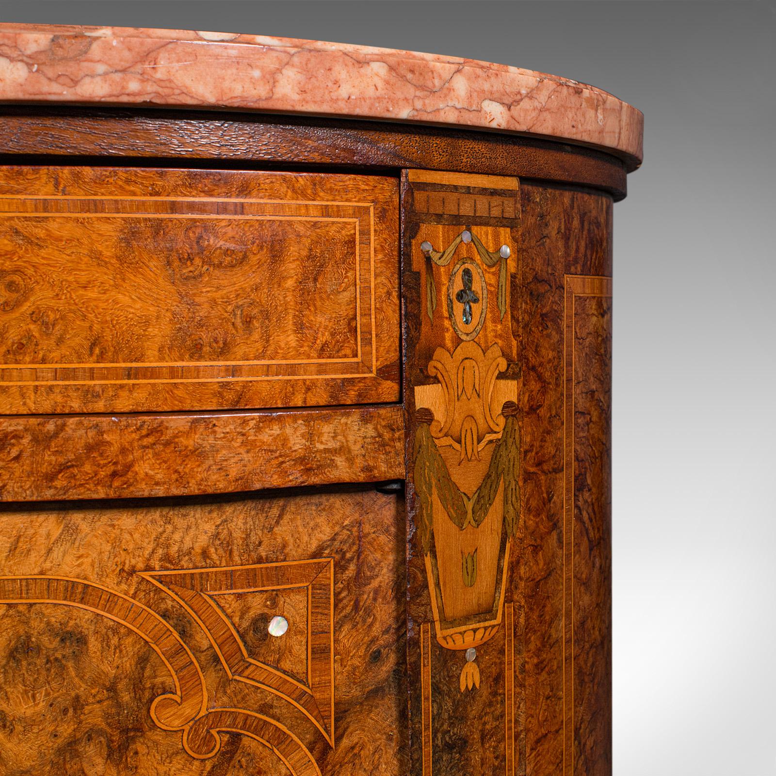 Antique Oval Bedside Cabinet, French, Amboyna, Marble, Bathroom, Victorian, 1870 For Sale 8