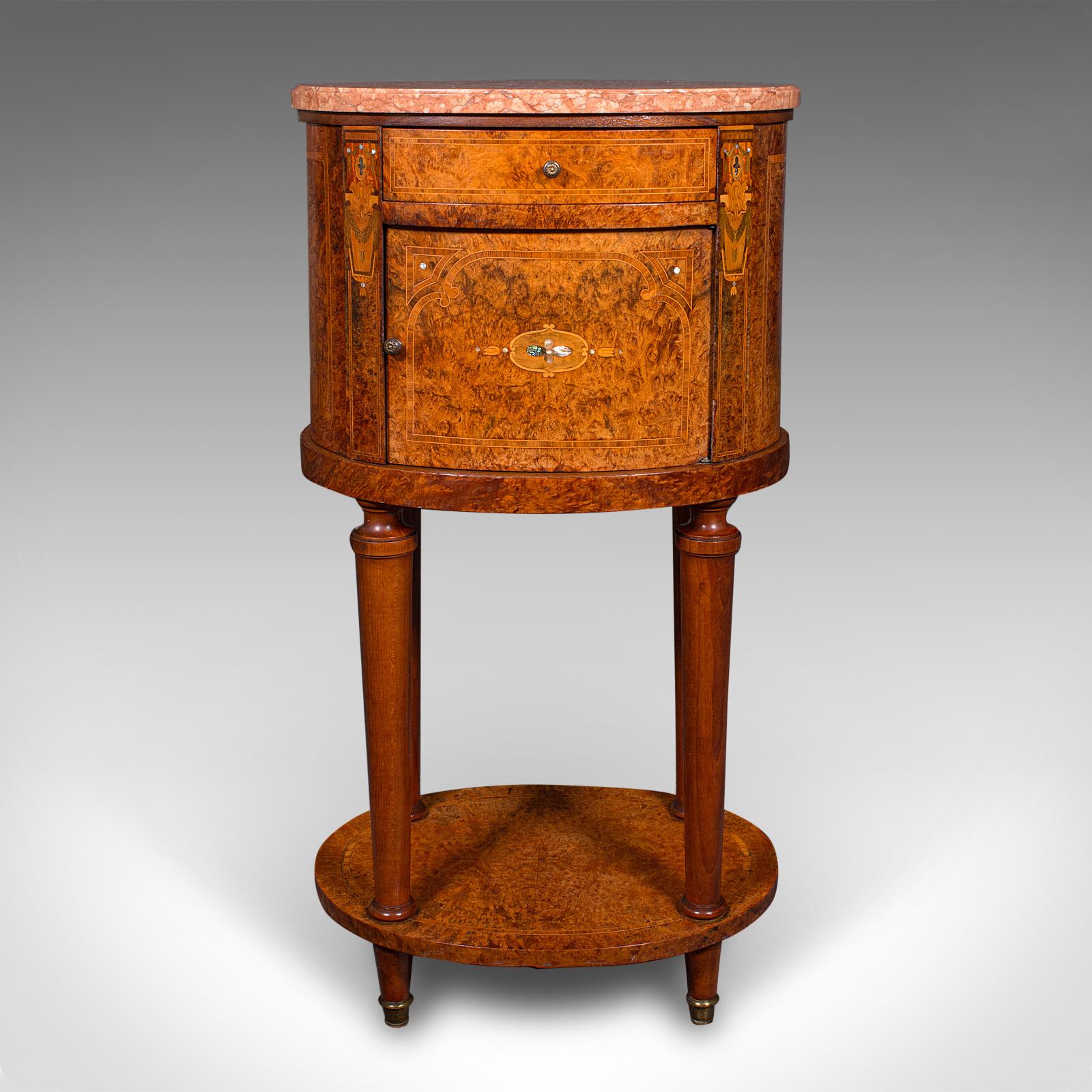 Antique Oval Bedside Cabinet, French, Amboyna, Marble, Bathroom, Victorian, 1870 In Good Condition For Sale In Hele, Devon, GB
