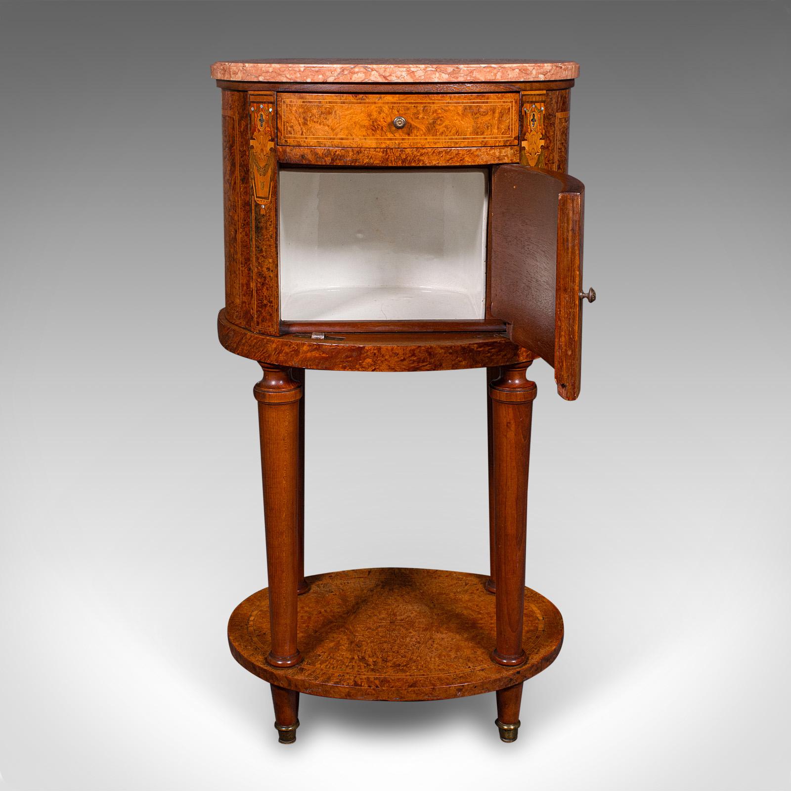 19th Century Antique Oval Bedside Cabinet, French, Amboyna, Marble, Bathroom, Victorian, 1870 For Sale
