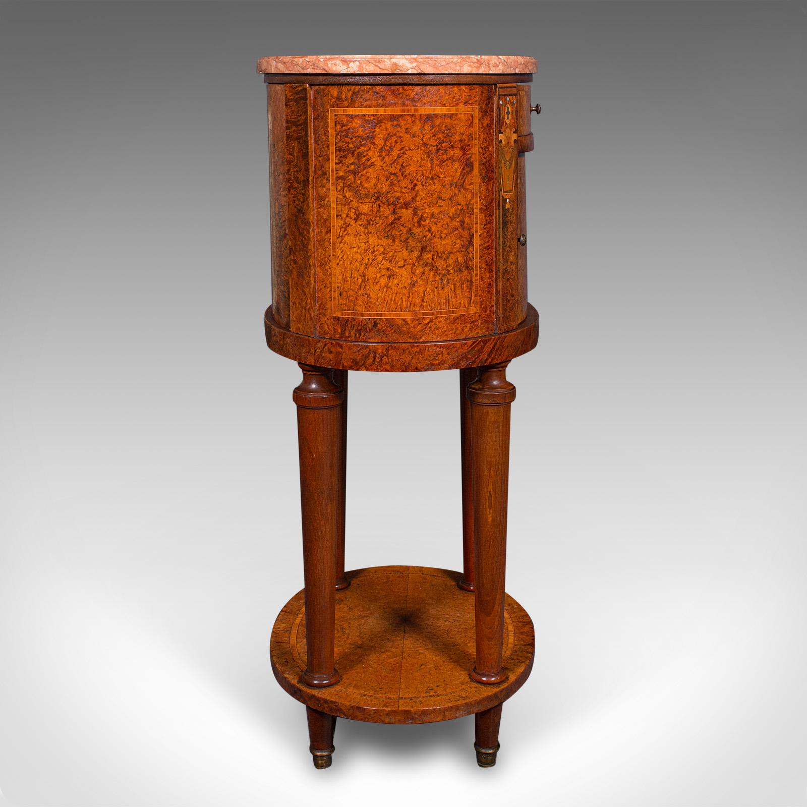 Antique Oval Bedside Cabinet, French, Amboyna, Marble, Bathroom, Victorian, 1870 For Sale 1
