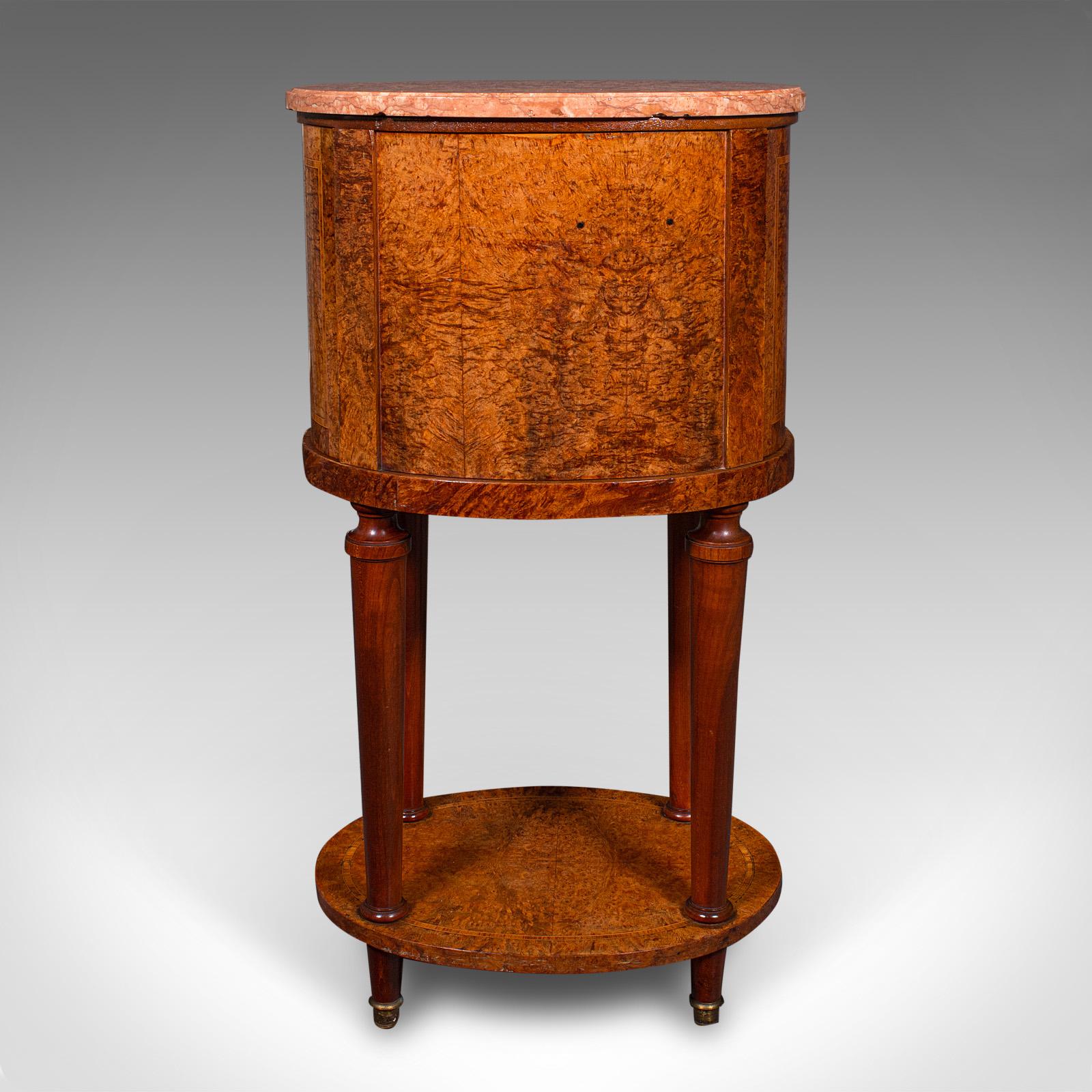 Antique Oval Bedside Cabinet, French, Amboyna, Marble, Bathroom, Victorian, 1870 For Sale 2