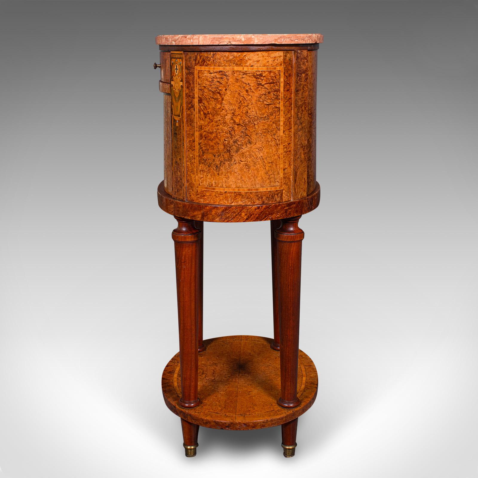 Antique Oval Bedside Cabinet, French, Amboyna, Marble, Bathroom, Victorian, 1870 For Sale 3