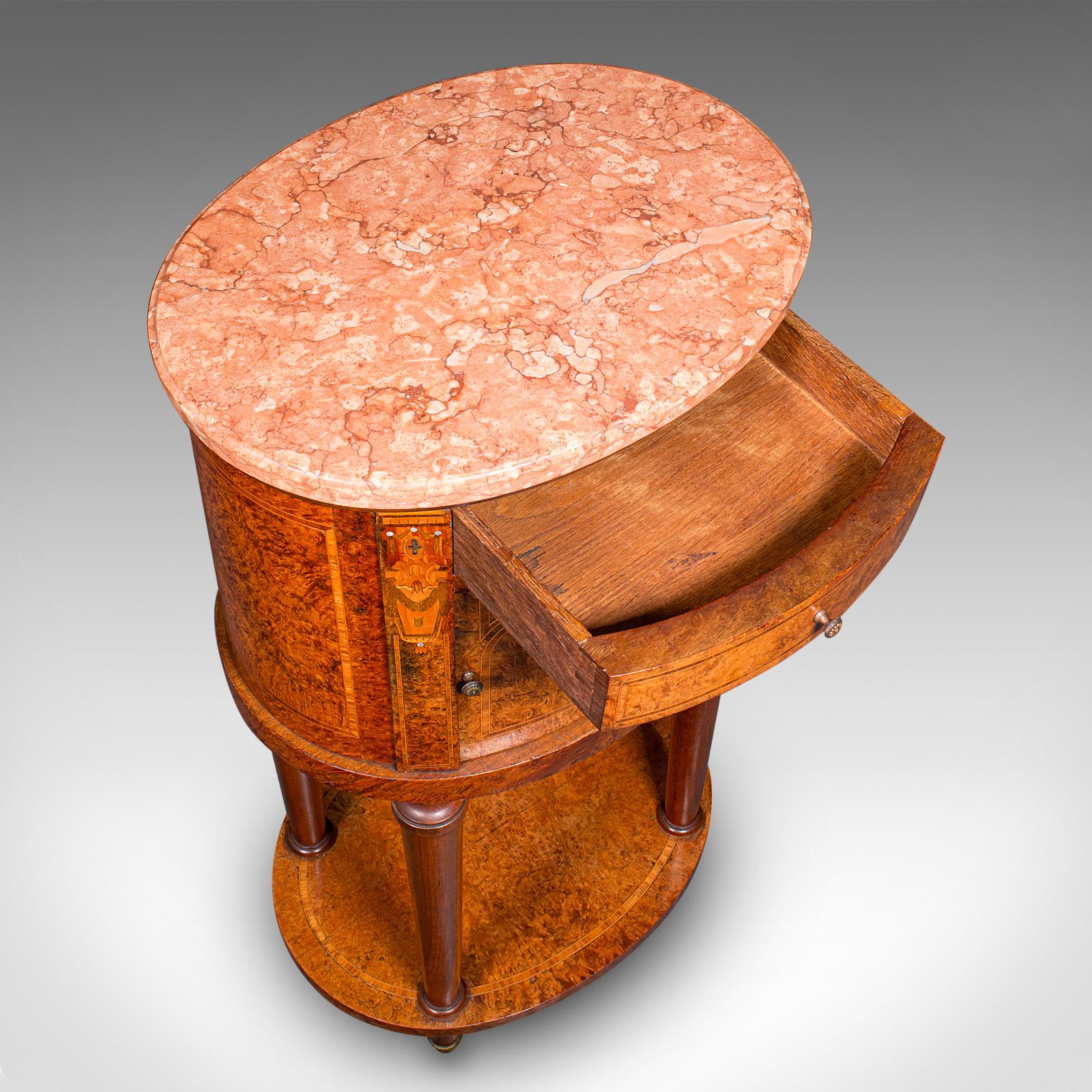 Antique Oval Bedside Cabinet, French, Amboyna, Marble, Bathroom, Victorian, 1870 For Sale 4