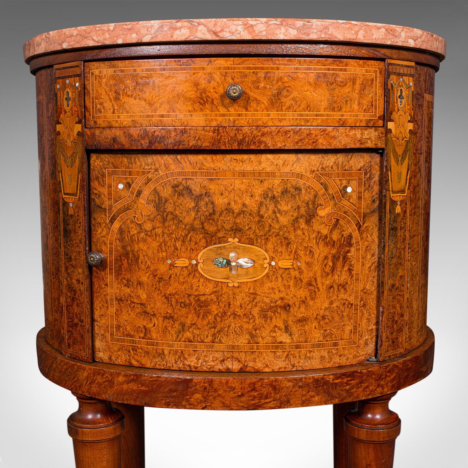 Antique Oval Bedside Cabinet, French, Amboyna, Marble, Bathroom, Victorian, 1870 For Sale 5