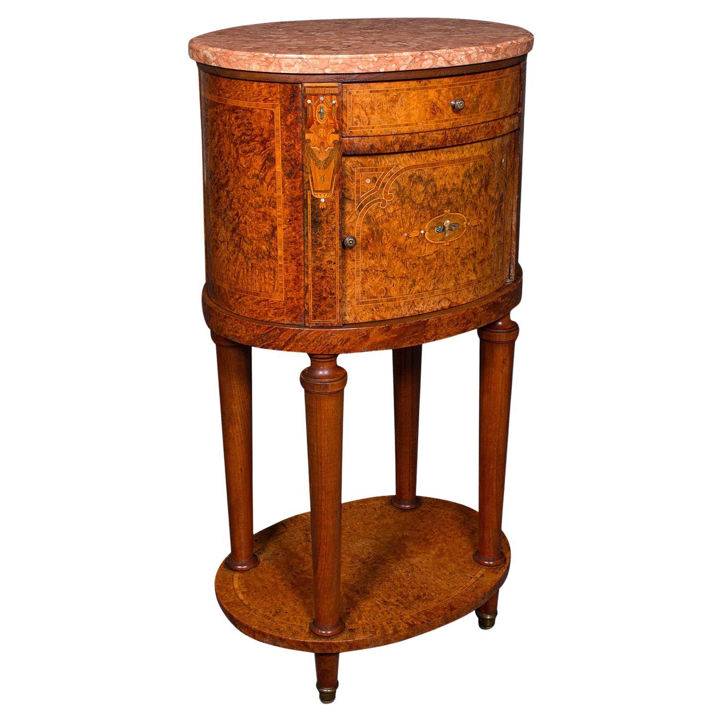 Antique Oval Bedside Cabinet, French, Amboyna, Marble, Bathroom, Victorian, 1870 For Sale