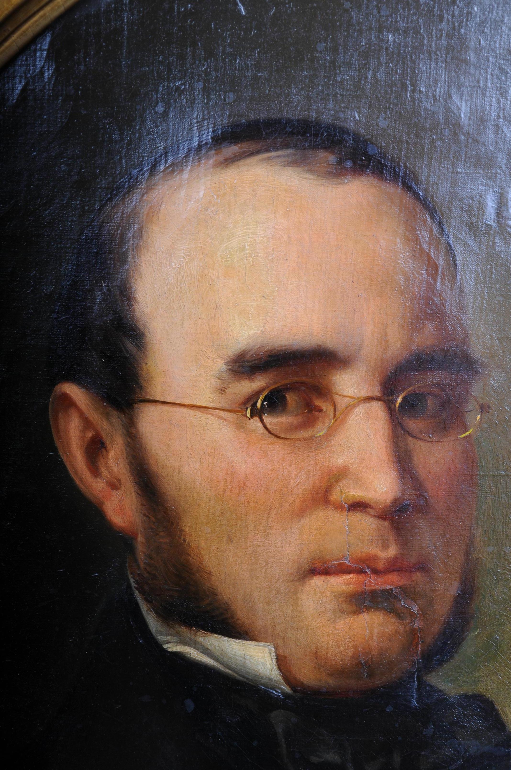Antiguo retrato / pintura oval de caballero Biedermeier, Siglo XIX Alemán en venta