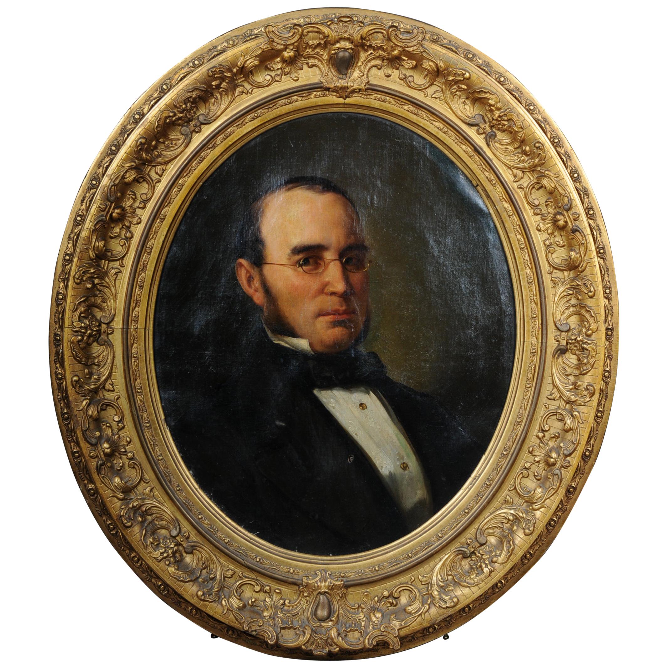 Portrait/peinture ovale de gentleman Biedermeier d'antiquités, 19ème siècle