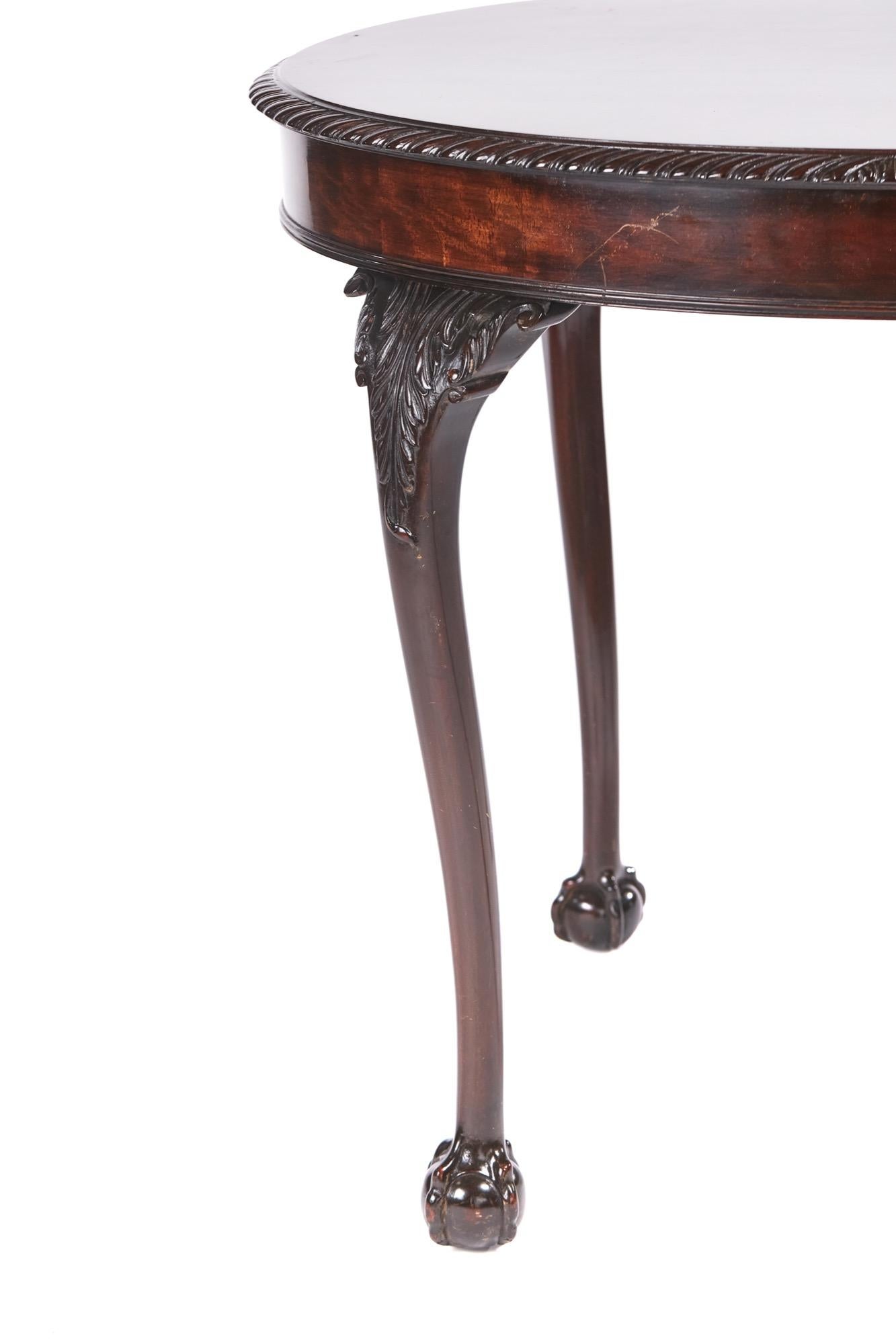 This is a 19th century antique oval carved mahogany centre table with a very attractive figured mahogany top and carved moulded edge. It is standing on four lovely carved claw and ball legs.

WORLDWIDE SHIPPING

We are able to ship this item