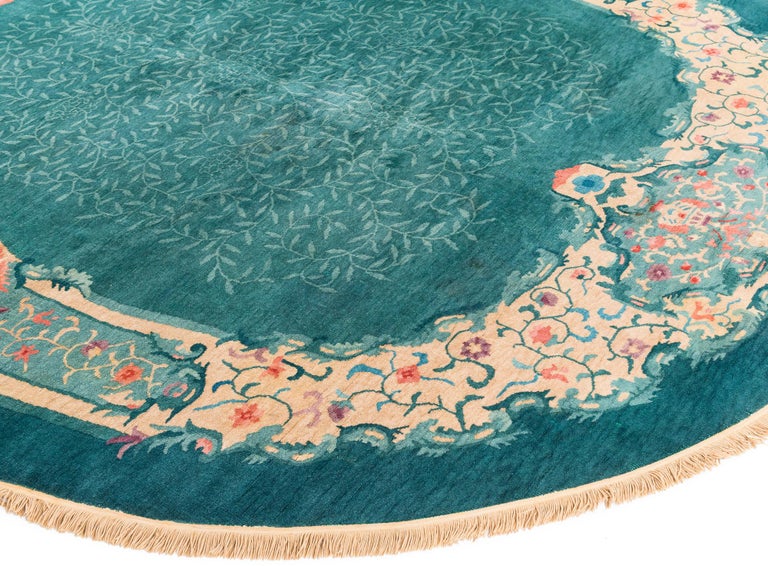 Antique Oval Chinese Rug in Turquoise with Coral and Violet Flower