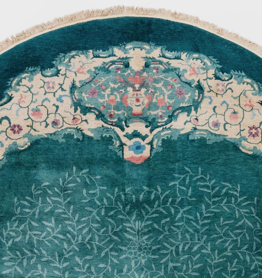 Chinese Export Antique Oval Chinese Rug in Turquoise with Coral and Violet Flower Blossoms For Sale