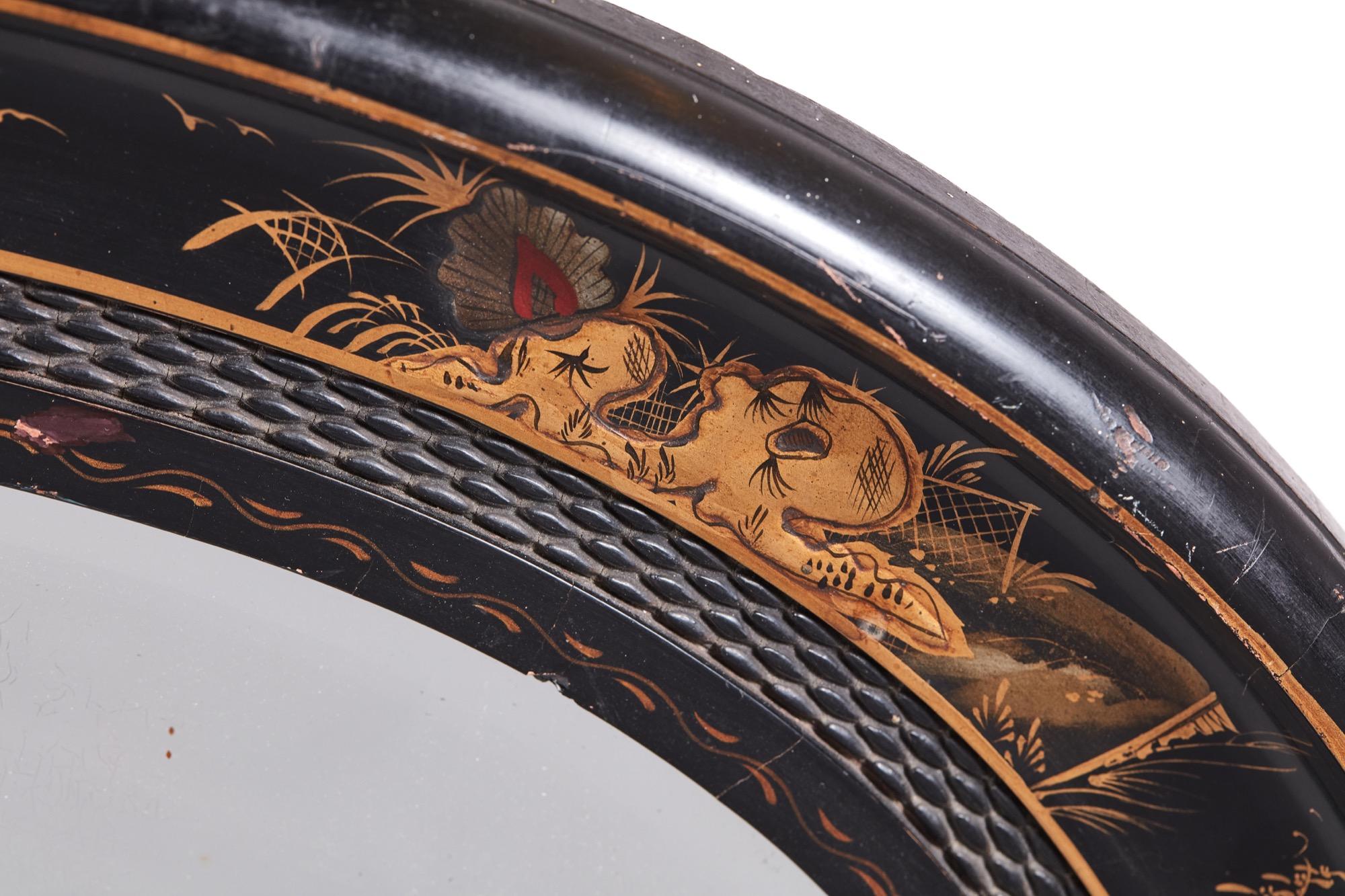 English Antique Oval Chinoiserie Lacquered Decorated Wall Mirror
