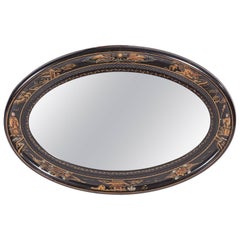 Antique Oval Chinoiserie Lacquered Decorated Wall Mirror