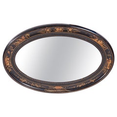 Antique Oval Chinoiserie Lacquered Decorated Wall Mirror