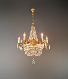 Antique Oval Crystal Chandelier Louis XVI Revival Empire Style Brass 12 Lights