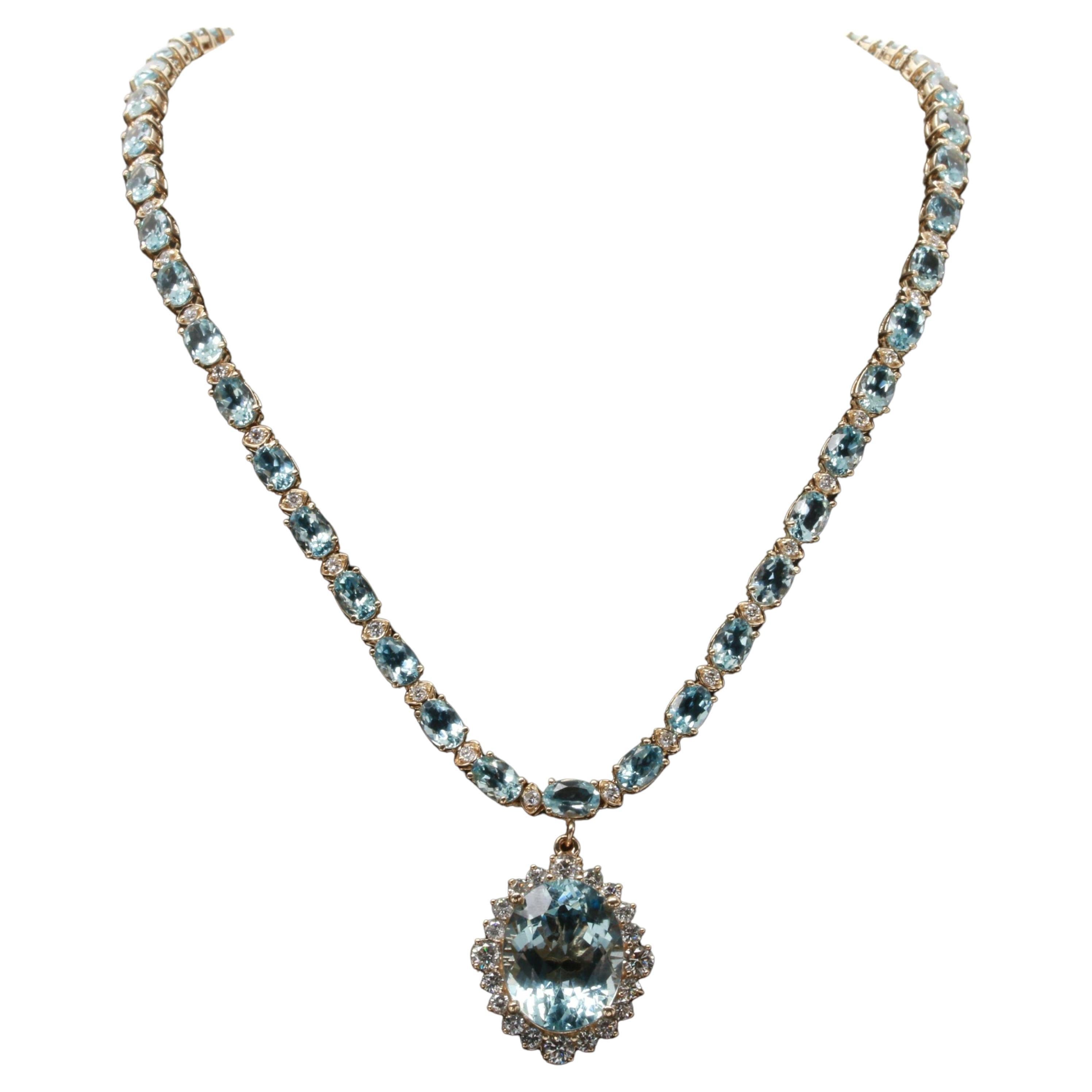 Victorian Oval Cut Aquamarine with Diamond Surround Necklace at 1stDibs