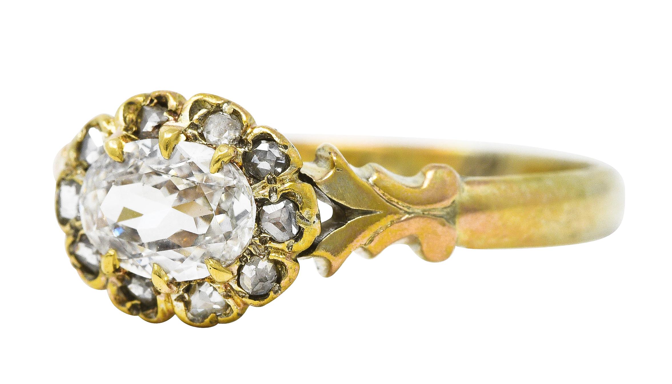 Women's or Men's Antique Oval Cut Diamond 14 Karat Yellow Gold Engagement Ring