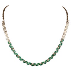Antique Oval Cut Emerald Gold Necklace, Natural Emerald 18K Yellow Gold