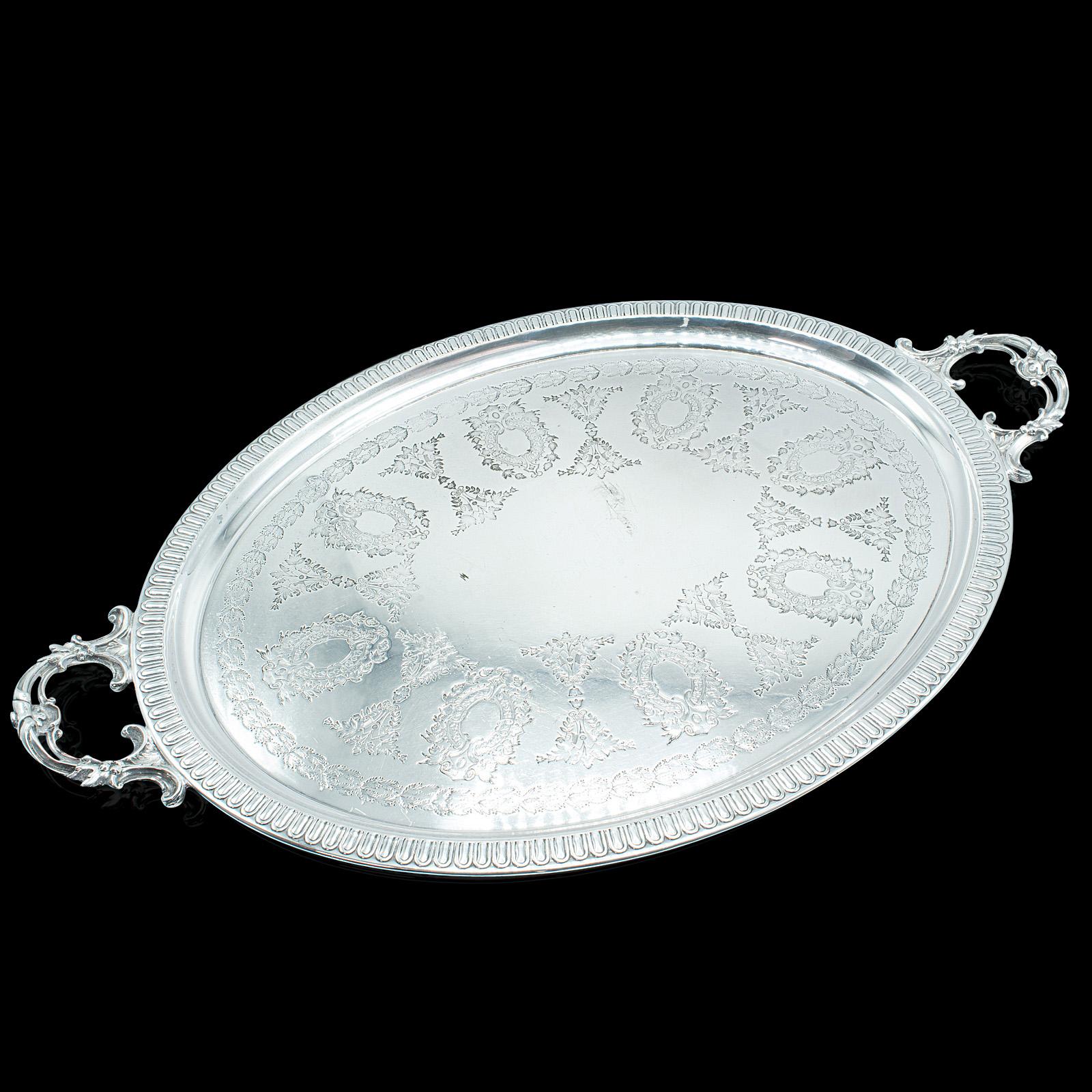 20th Century Antique Oval Decorative Serving Tray, English, Silver Plate, Afternoon Tea, 1910 For Sale