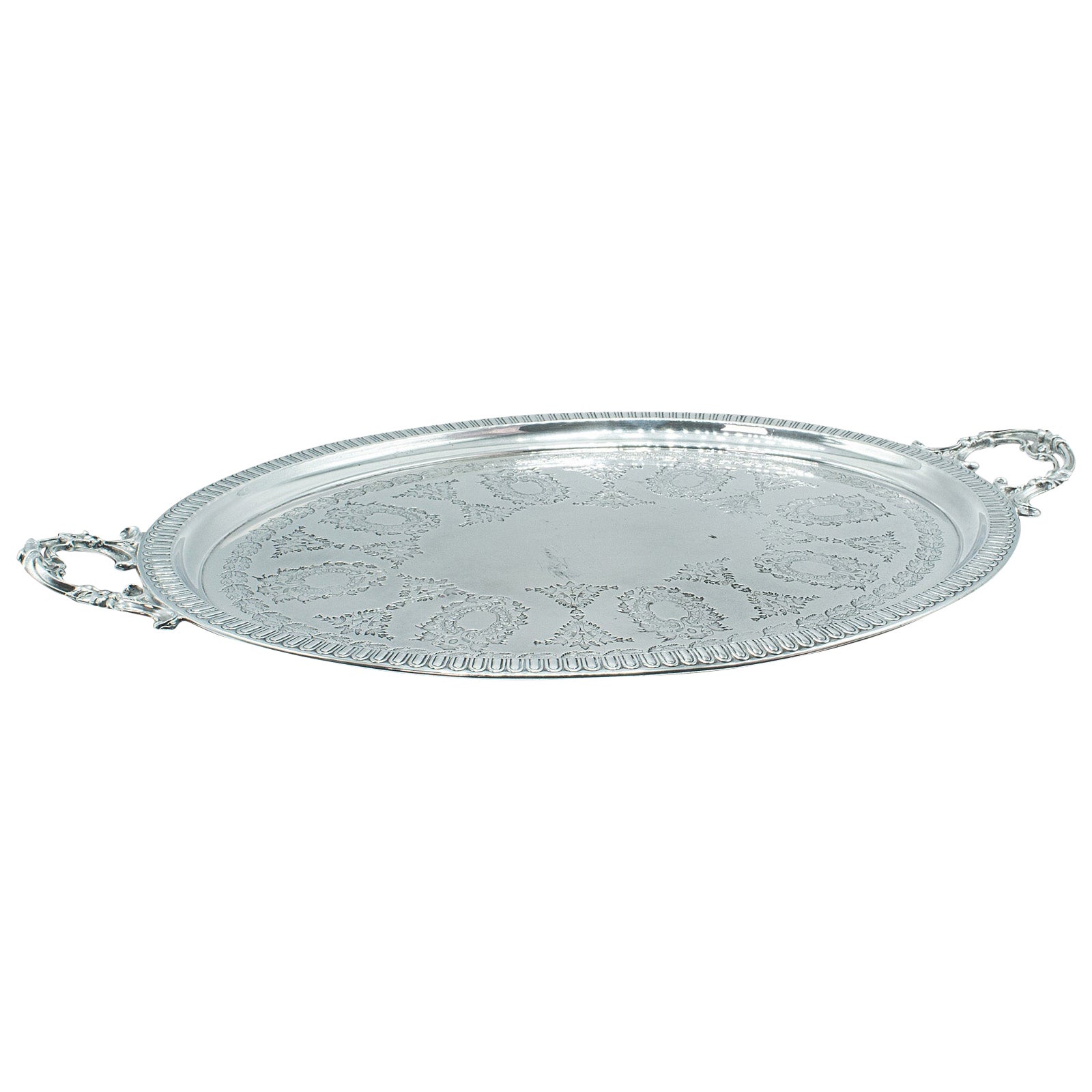 Plateau de service ovale décoratif ancien, anglais, plaque d'argent, thé d'après-midi, 1910