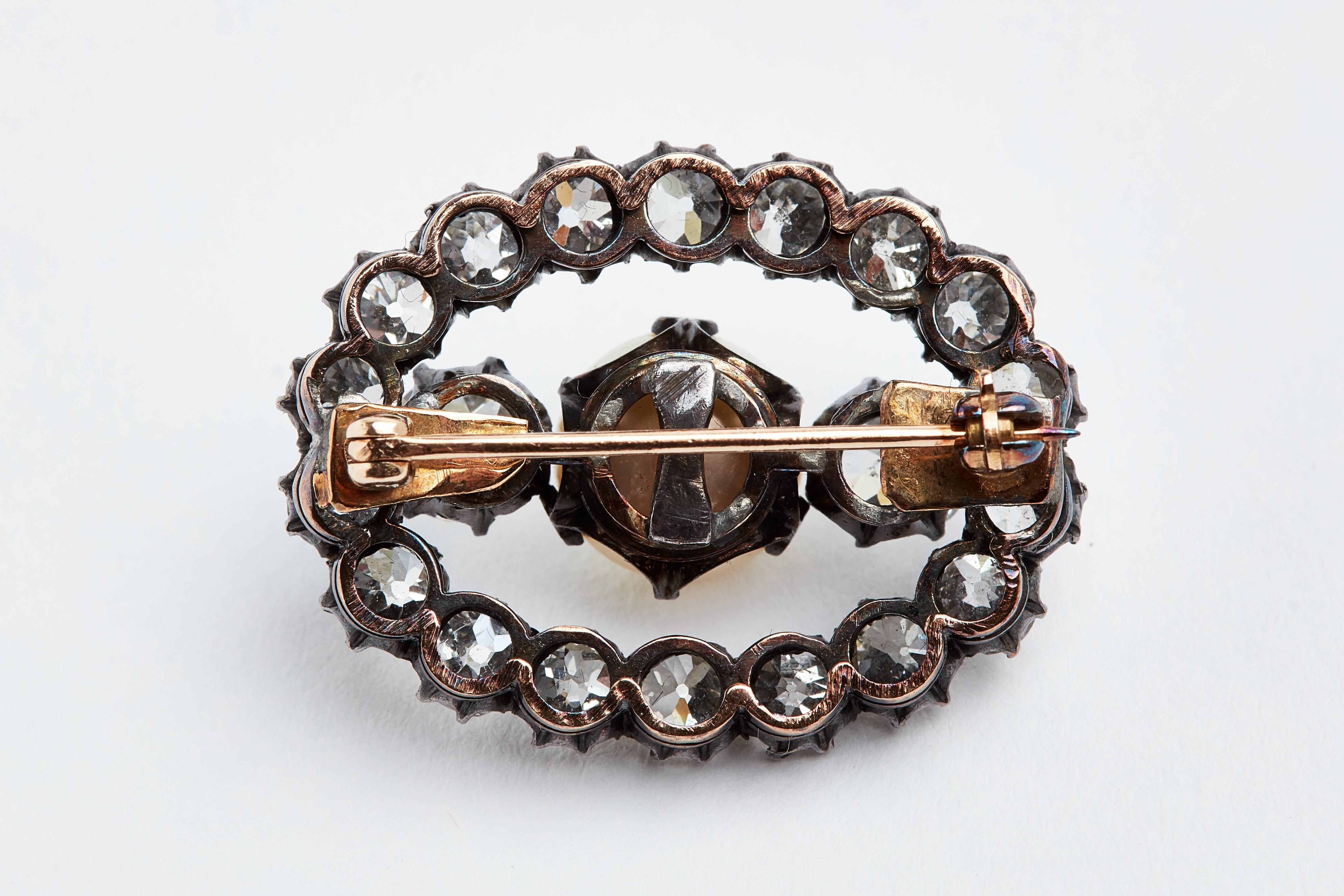 Antique Oval Diamond and Pearl Brooch In Good Condition In New York, NY