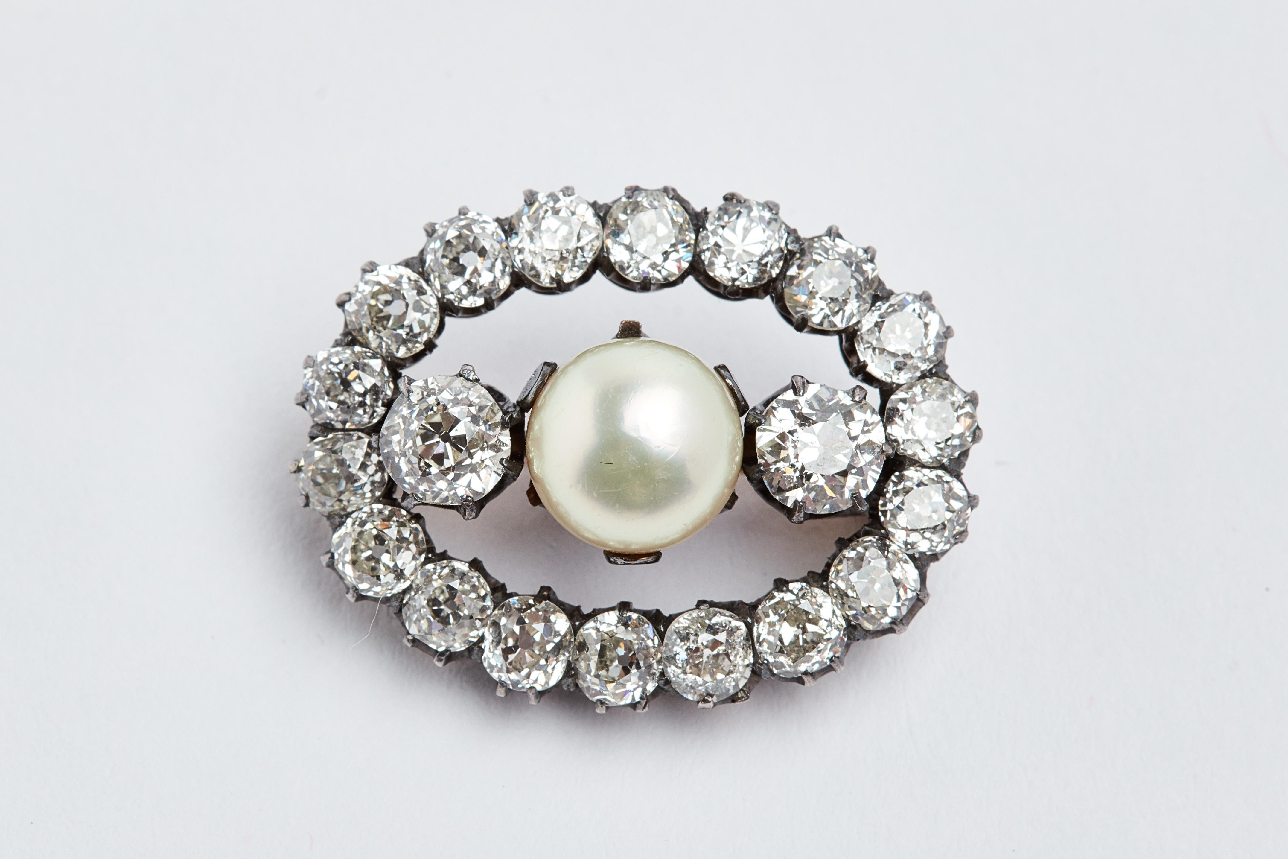 Women's Antique Oval Diamond and Pearl Brooch