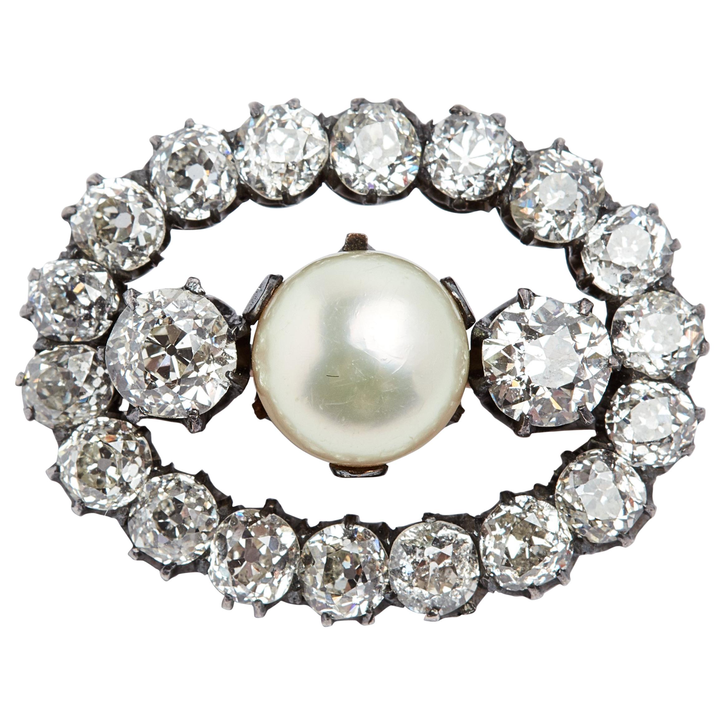 Antique Oval Diamond and Pearl Brooch