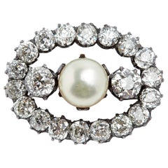 Antique Oval Diamond and Pearl Brooch