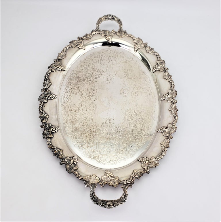 Antique Oval English Silver Plated Serving Tray with Grape and Leaf Decoration For Sale at