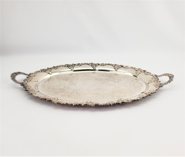 Antique Oval English Silver Plated Serving Tray with Grape and Leaf