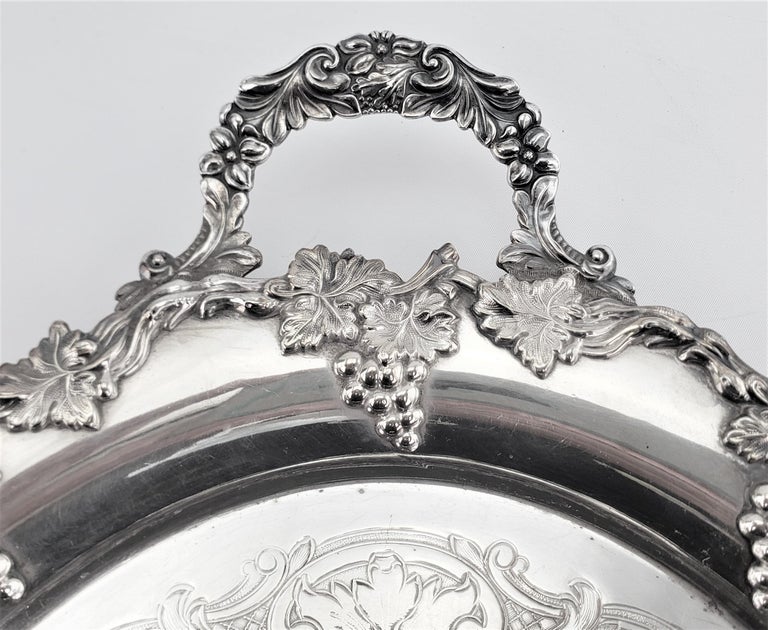 Antique Oval English Silver Plated Serving Tray with Grape and Leaf Decoration For Sale at